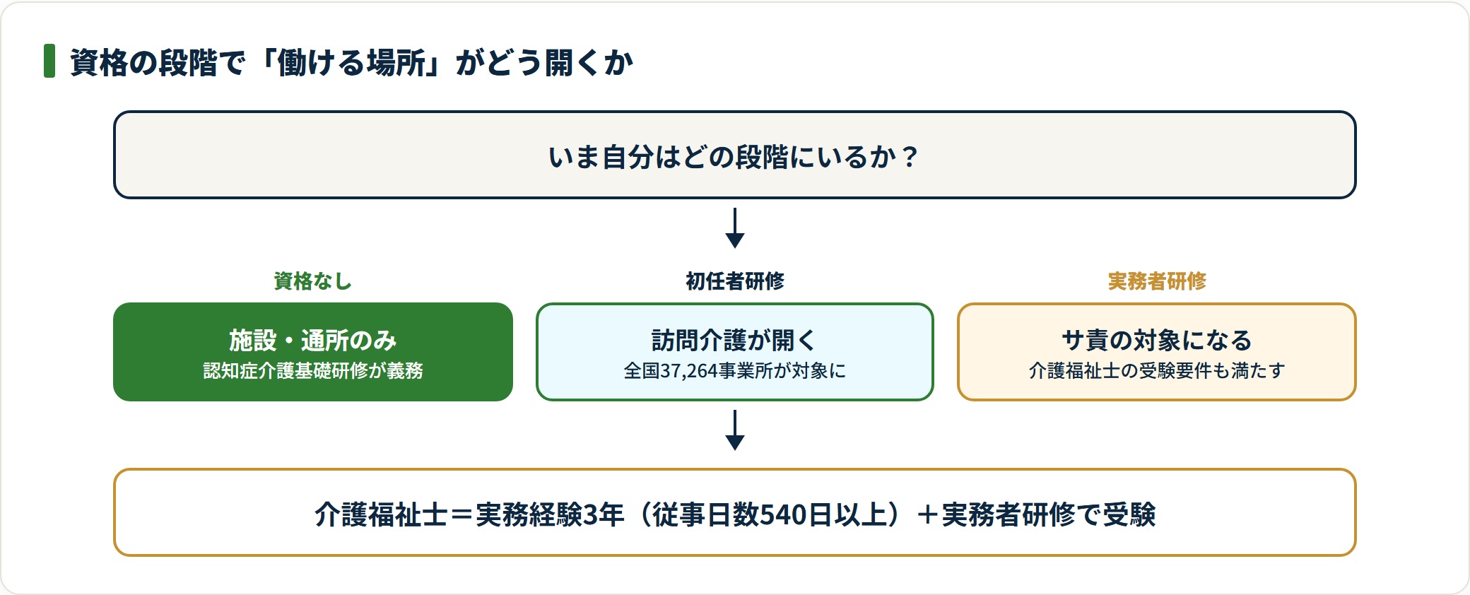初任者研修で訪問介護が、実務者研修でサービス提供責任者への道が開き、介護福祉士は実務経験3年で受験できる。